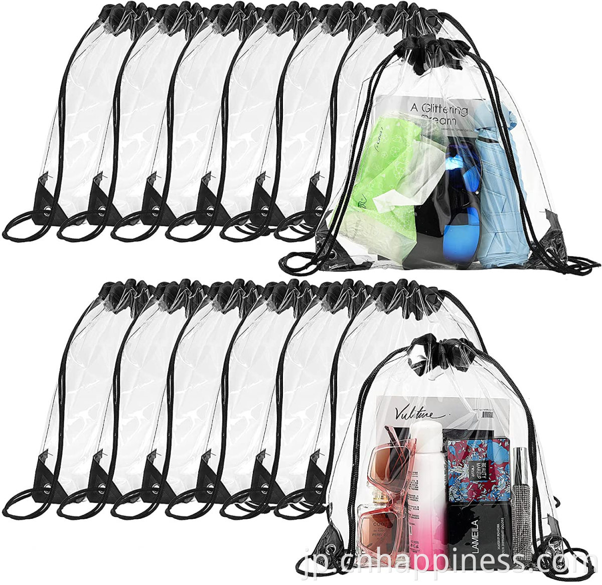 クリアPVCバッグ防水トラベルシューズ強力なプラスチック製のドローストリングバッグカスタムロゴビーチ透明なスタジアムバックパックストリングバッグ